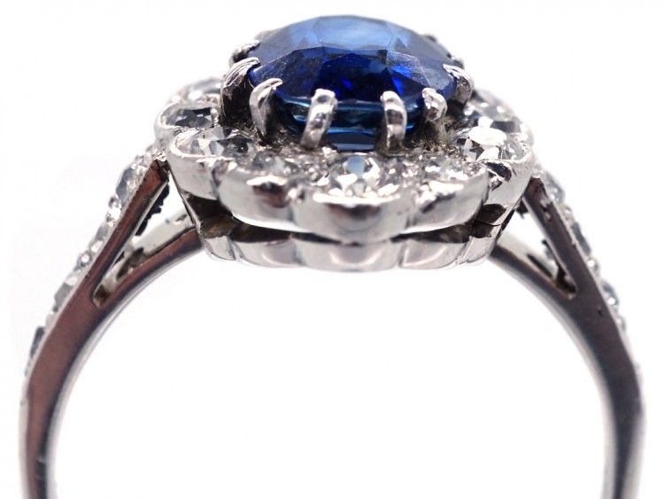 Sapphire & Diamond Oval Cluster Ring With Diamond Shoulders