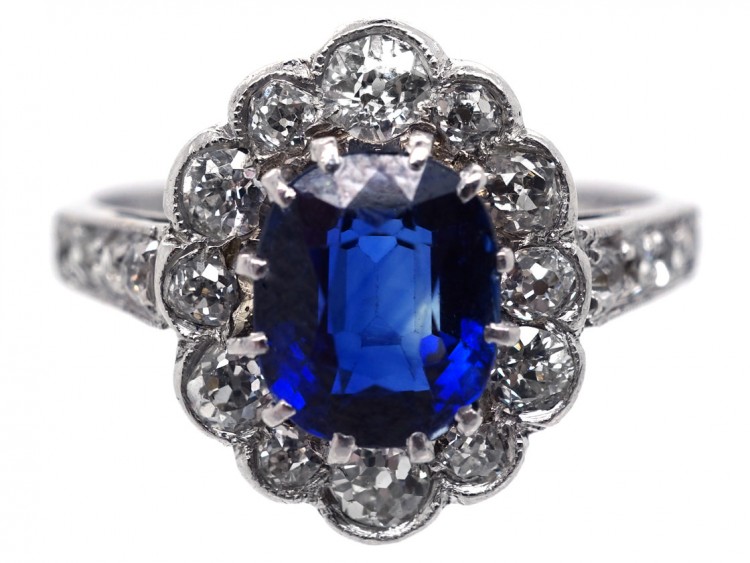Sapphire & Diamond Oval Cluster Ring With Diamond Shoulders