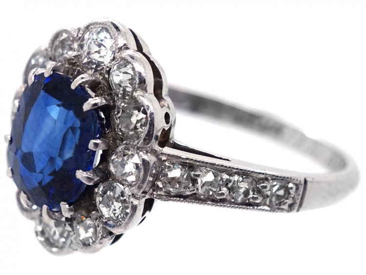 Sapphire & Diamond Oval Cluster Ring With Diamond Shoulders