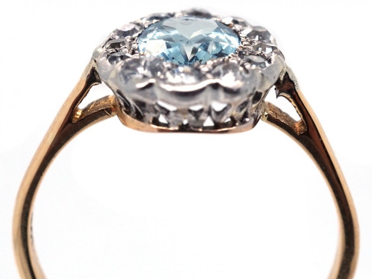 Edwardian 18ct Gold & Platinum, Aquamarine & Diamond Oval Cluster Ring