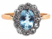 Edwardian 18ct Gold & Platinum, Aquamarine & Diamond Oval Cluster Ring