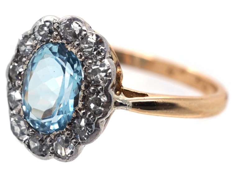 Edwardian 18ct Gold & Platinum, Aquamarine & Diamond Oval Cluster Ring