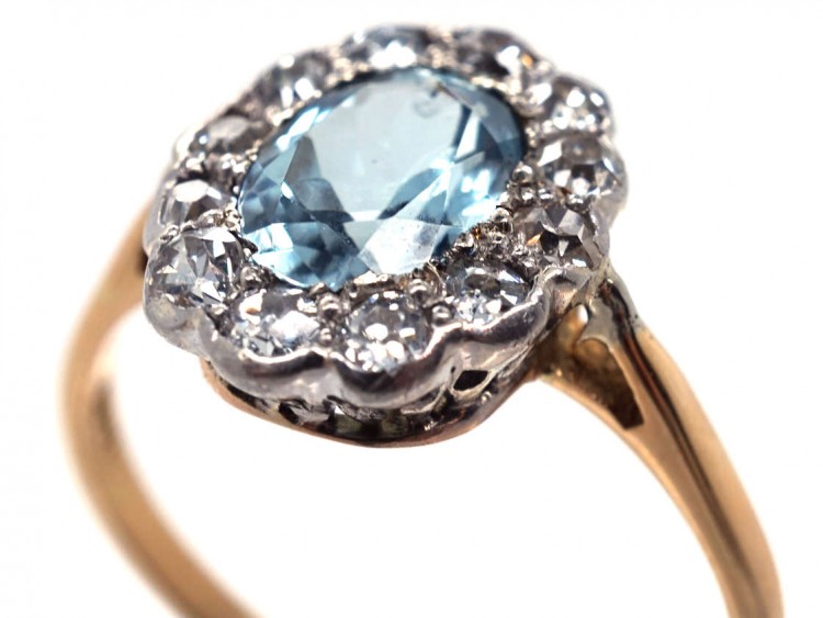 Edwardian 18ct Gold & Platinum, Aquamarine & Diamond Oval Cluster Ring