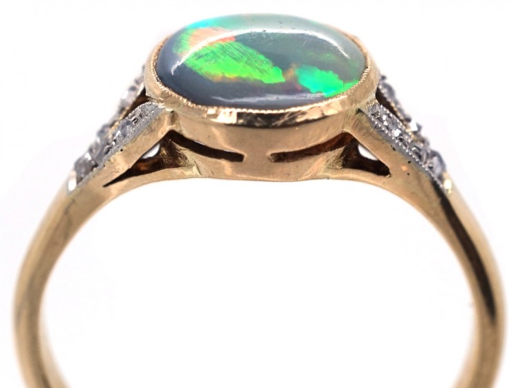 Art Deco 18ct Gold ​& Platinum Black Opal ​& Diamond Ring