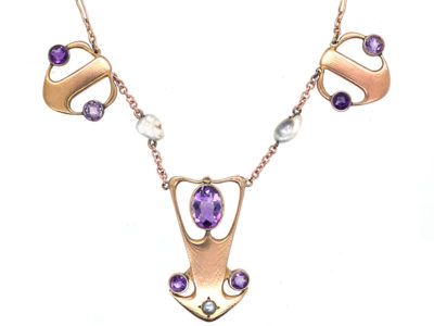 Art Nouveau 9ct Gold Necklace Set With Amethysts & Pearls