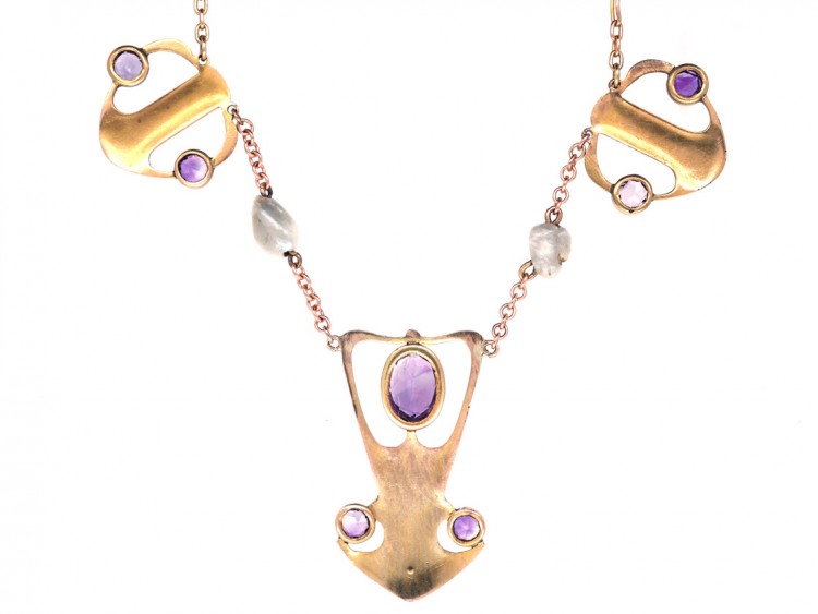Art Nouveau 9ct Gold Necklace Set With Amethysts & Pearls