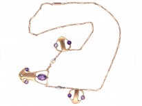 Art Nouveau 9ct Gold Necklace Set With Amethysts & Pearls
