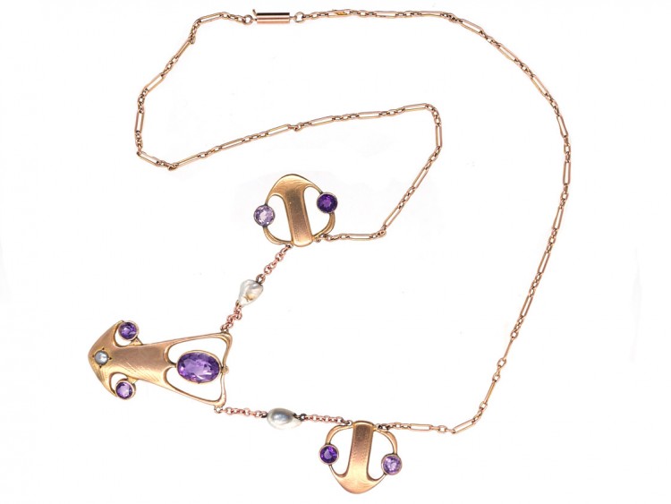 Art Nouveau 9ct Gold Necklace Set With Amethysts & Pearls