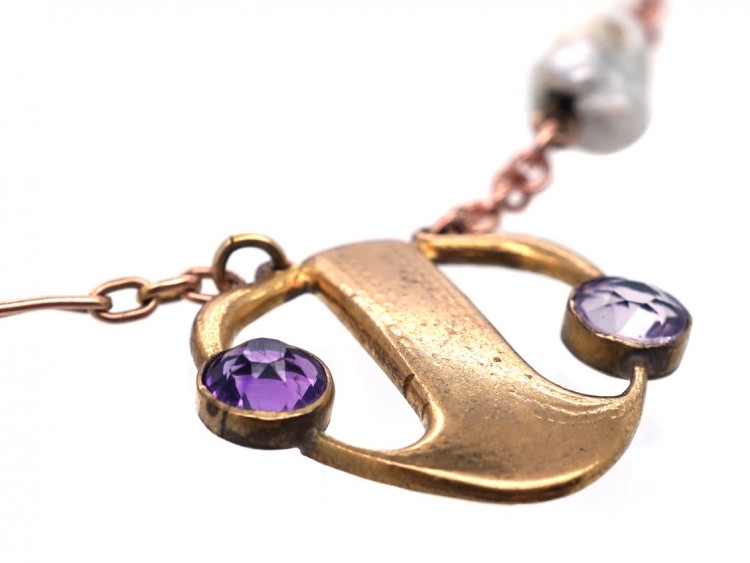 Art Nouveau 9ct Gold Necklace Set With Amethysts & Pearls