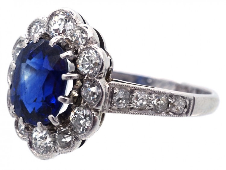 Sapphire & Diamond Oval Cluster Ring With Diamond Shoulders