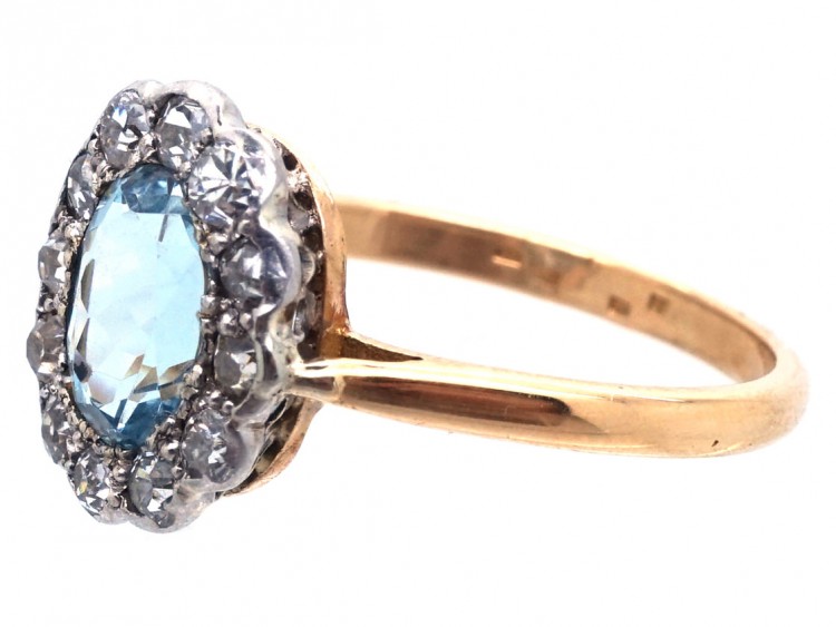 Edwardian 18ct Gold & Platinum, Aquamarine & Diamond Oval Cluster Ring