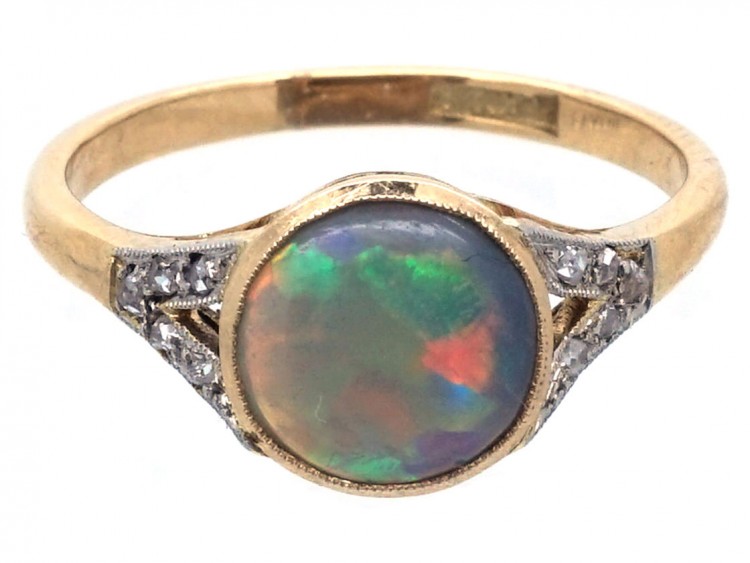 Art Deco 18ct Gold ​& Platinum Black Opal ​& Diamond Ring
