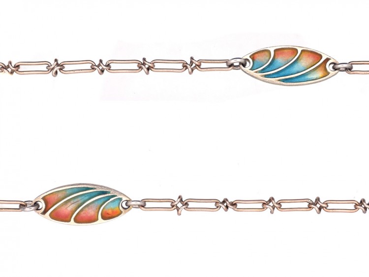 Art Nouveau Plique-à-Jour & Silver Long Guard Chain