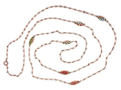 Art Nouveau Plique-à-Jour & Silver Long Guard Chain Art Nouveau Plique-à-Jour & Silver Long Guard Chain