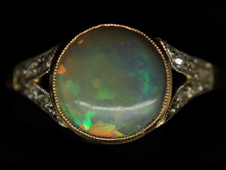 Art Deco 18ct Gold ​& Platinum Black Opal ​& Diamond Ring