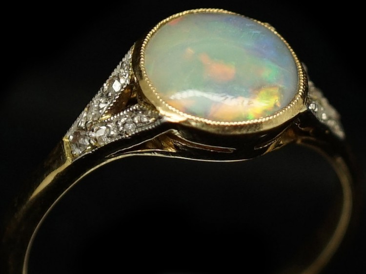 Art Deco 18ct Gold ​& Platinum Black Opal ​& Diamond Ring
