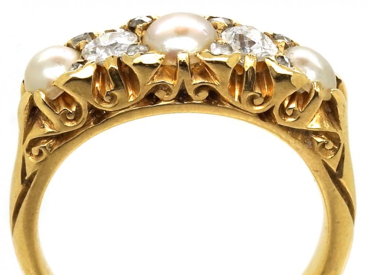 Victorian 18ct Gold, Natural Split Pearl & Diamond Five Stone Ring