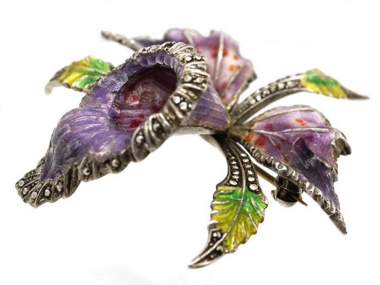 Silver, Marcasite & Enamel Orchid Brooch
