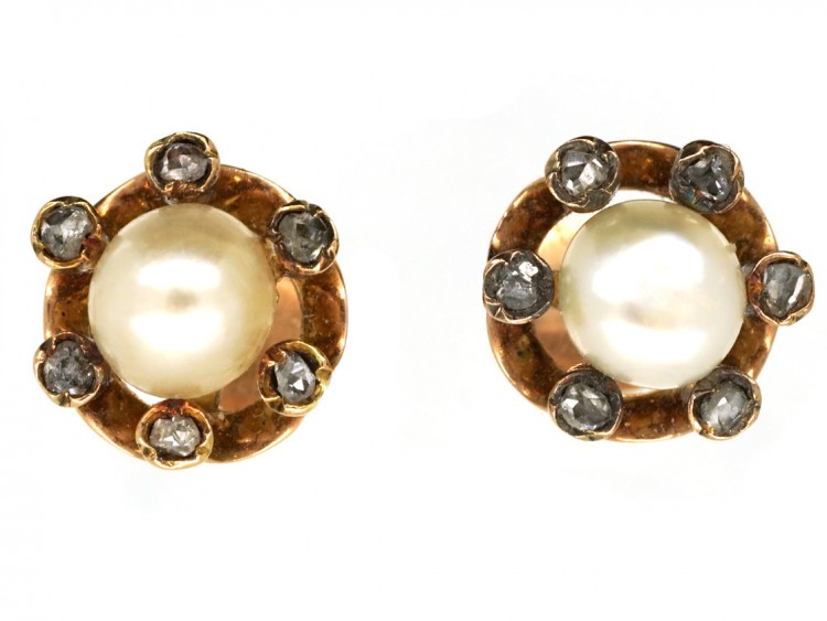 Edwardian Rose Diamond & Natural Pearl Round Earrings