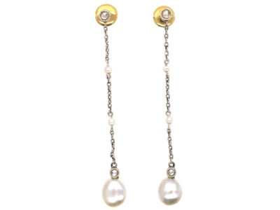 Edwardian Rose Diamond, Natural Pearl & Platinum Drop Earrings