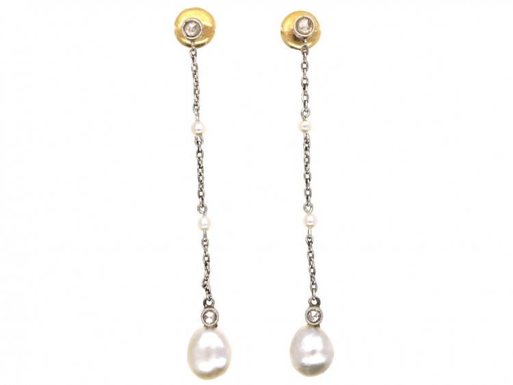 Edwardian Rose Diamond, Natural Pearl & Platinum Drop Earrings