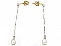 Edwardian Rose Diamond, Natural Pearl & Platinum Drop Earrings