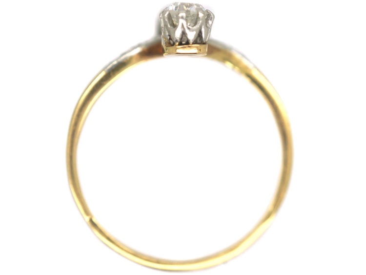 Art Nouveau 18ct Gold & Platinum, Two Stone Diamond Crossover Ring