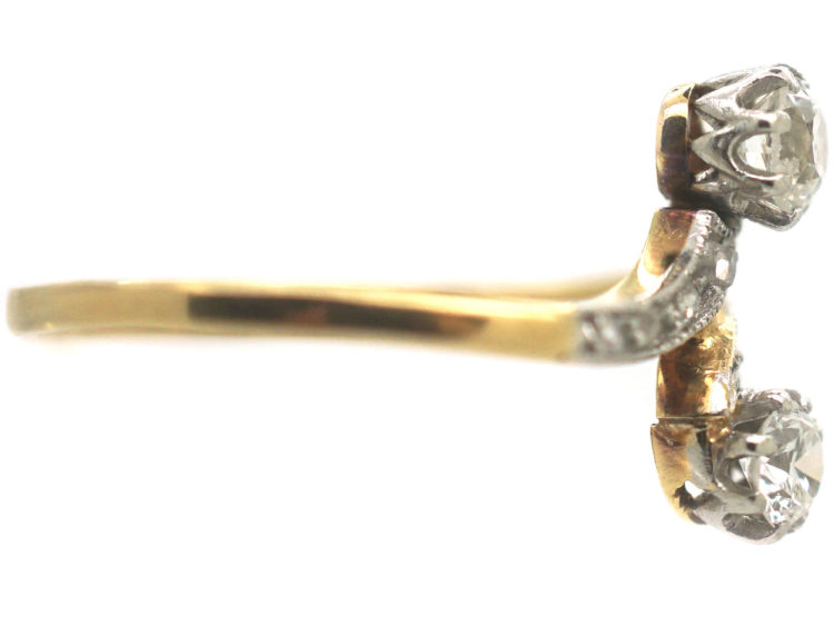 Art Nouveau 18ct Gold & Platinum, Two Stone Diamond Crossover Ring
