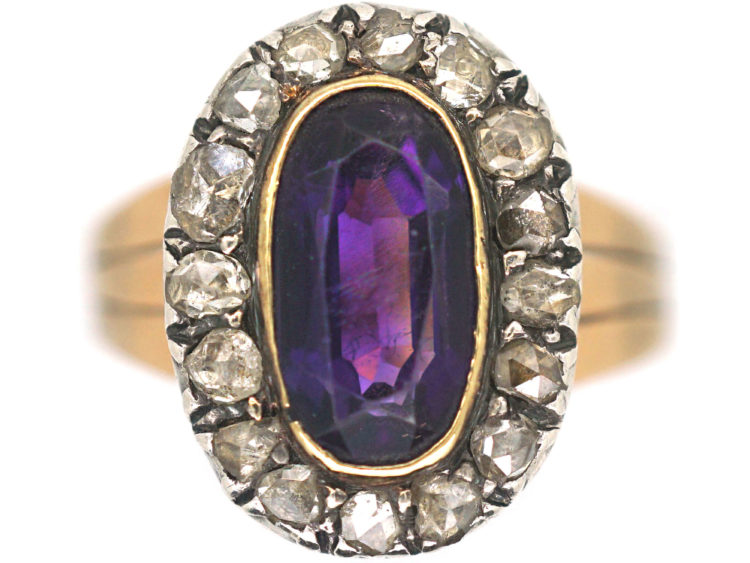 Georgian 9ct Gold Oval Amethyst & Rose Diamond Ring