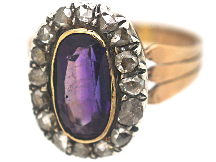 Georgian 9ct Gold Oval Amethyst & Rose Diamond Ring