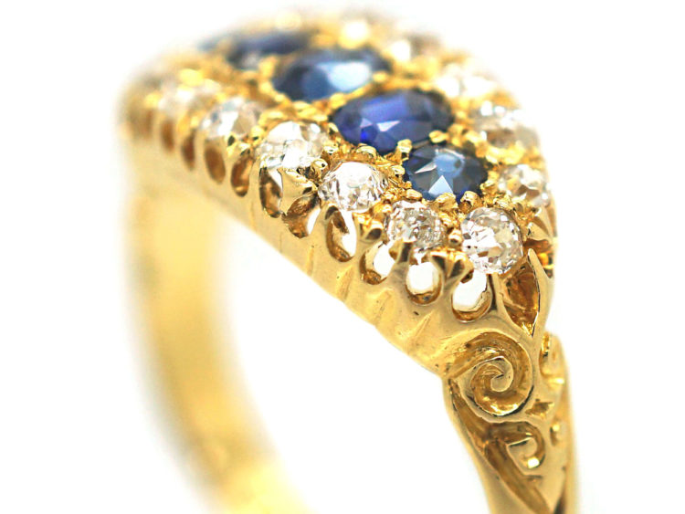 Edwardian 18ct Gold Boat Shaped Sapphire Diamond Ring