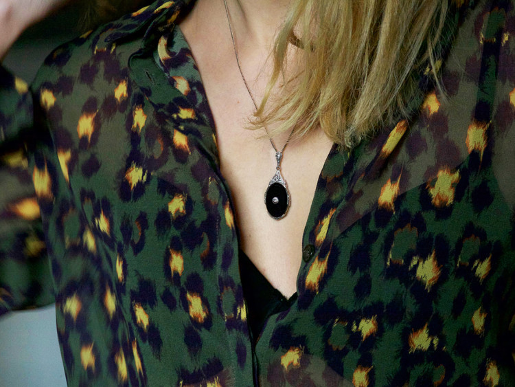 Art Deco Silver, Diamond ​& Onyx Pendant on Silver Chain