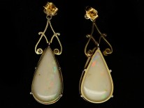 Art Deco Large Pear Shaped Opal & Diamond Drop Earrings
