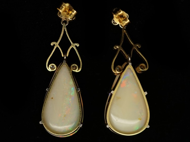 Art Deco Large Pear Shaped Opal & Diamond Drop Earrings