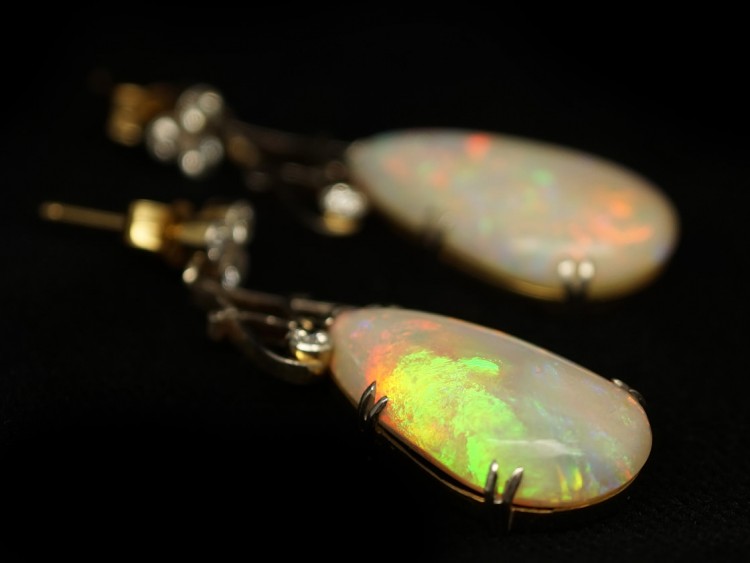Art Deco Large Pear Shaped Opal & Diamond Drop Earrings