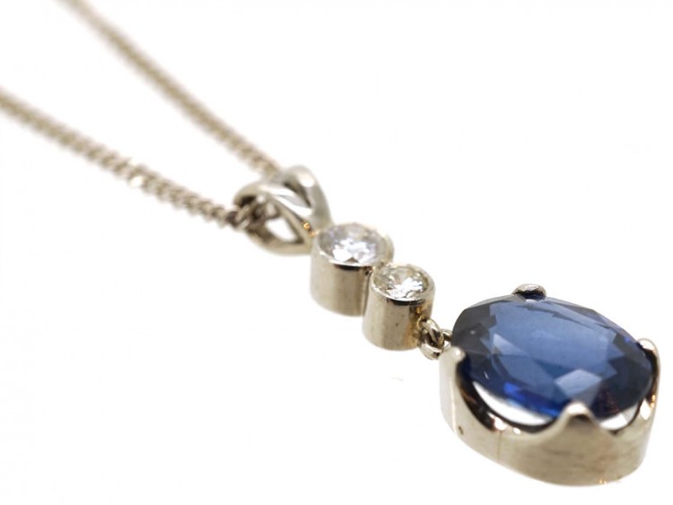 Sapphire & Diamond Drop Pendant on 18ct White Gold Chain