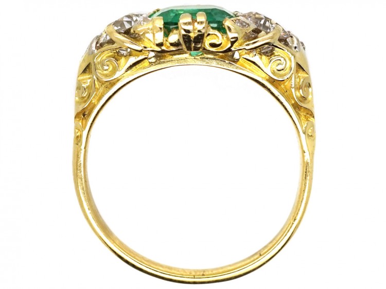 Victorian Carved Half Hoop Emerald & Diamond Ring