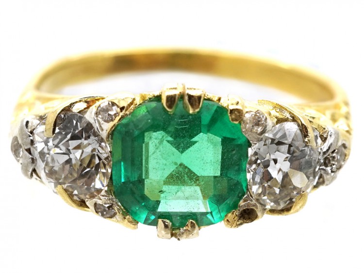 Victorian Carved Half Hoop Emerald & Diamond Ring