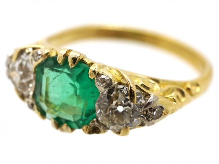 Victorian Carved Half Hoop Emerald & Diamond Ring