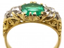 Victorian Carved Half Hoop Emerald & Diamond Ring