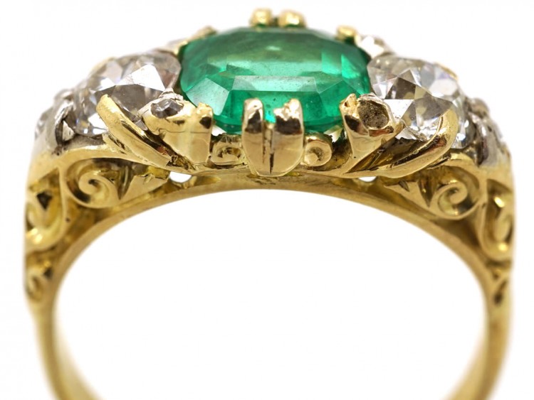 Victorian Carved Half Hoop Emerald & Diamond Ring