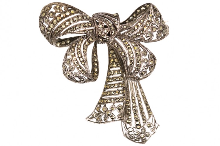 Art Deco Silver & Marcasite Bow Brooch