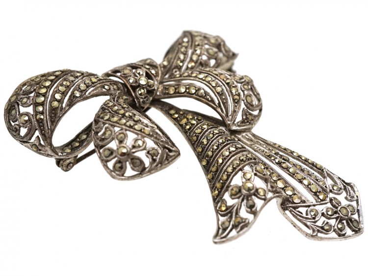 Art Deco Silver & Marcasite Bow Brooch