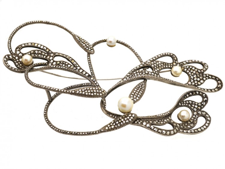 Art Nouveau Large Silver, Marcasite & Pearl Floral Brooch