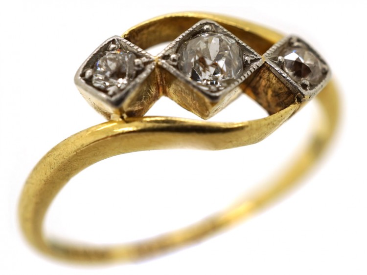 Edwardian 18ct Gold ​& Platinum, Three Diamond Crossover Ring