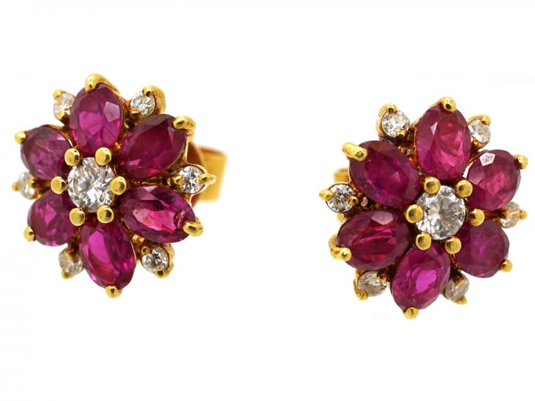18ct Gold Ruby & Diamond Cluster Earrings