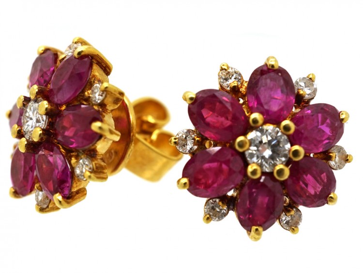 18ct Gold Ruby & Diamond Cluster Earrings