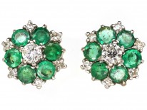 18ct White Gold Emerald & Diamond Cluster Earrings