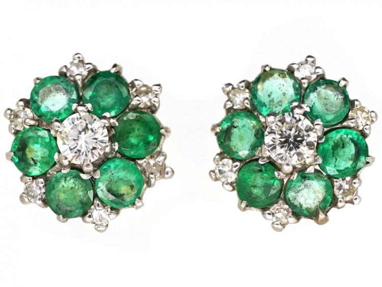 18ct White Gold Emerald & Diamond Cluster Earrings