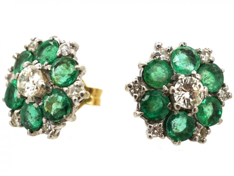 18ct White Gold Emerald & Diamond Cluster Earrings